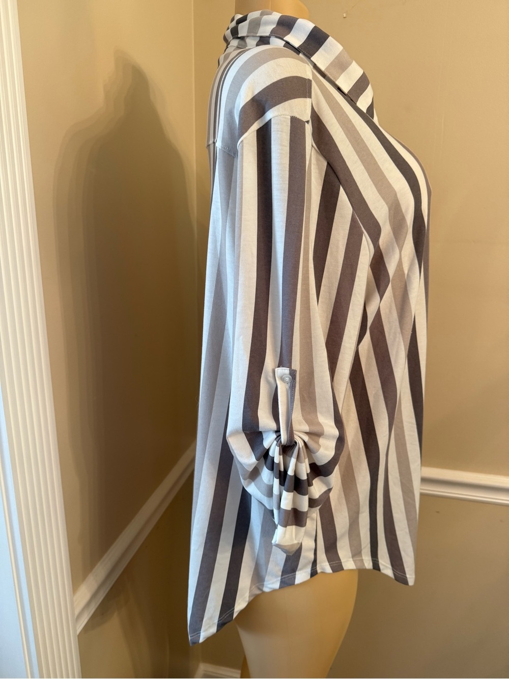 LuLaRoe Neutral Striped Button-Up in White and Gray - Picture 2 of 4